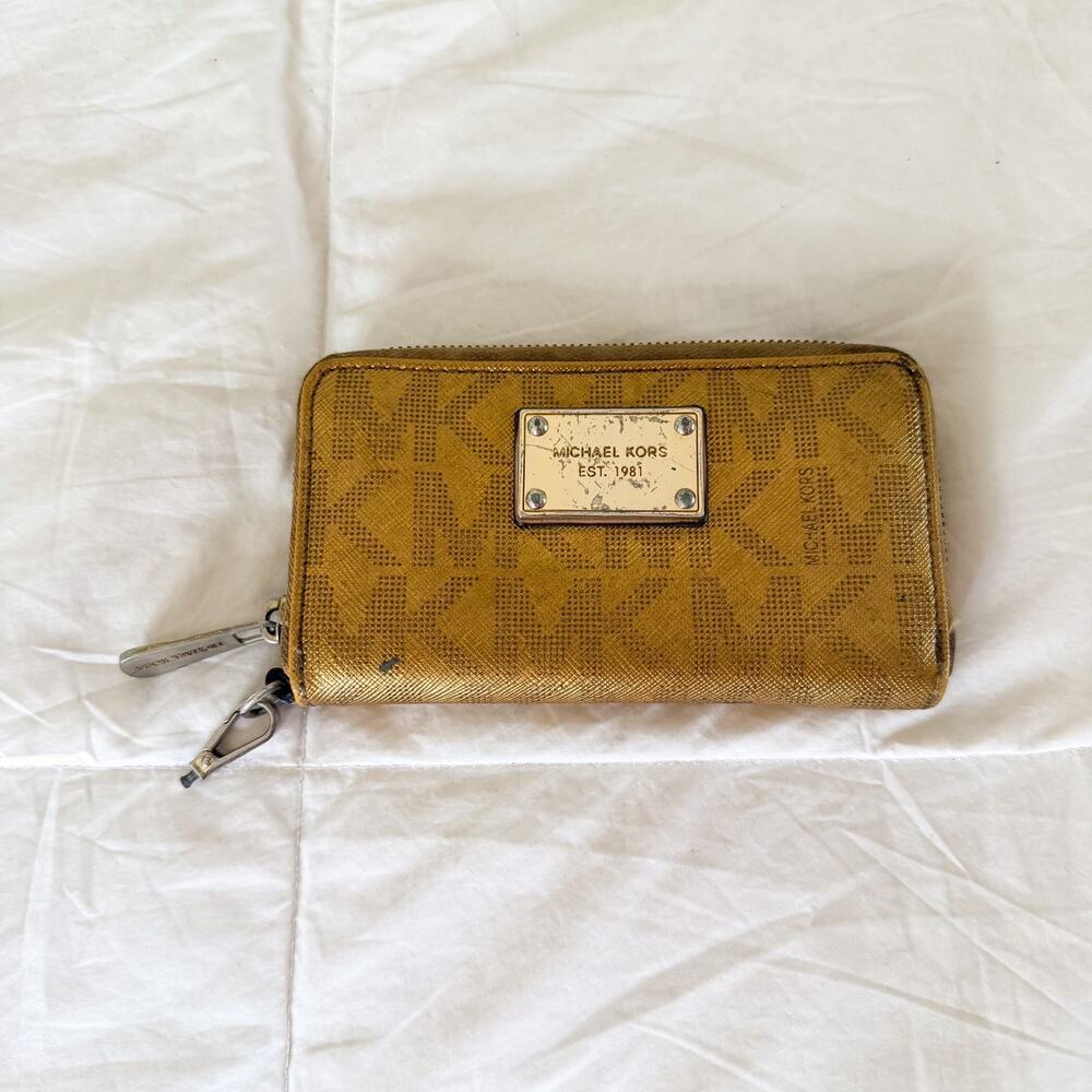 Michael Kors Gold MK Logo Zip Around Wallet Continental Clutch